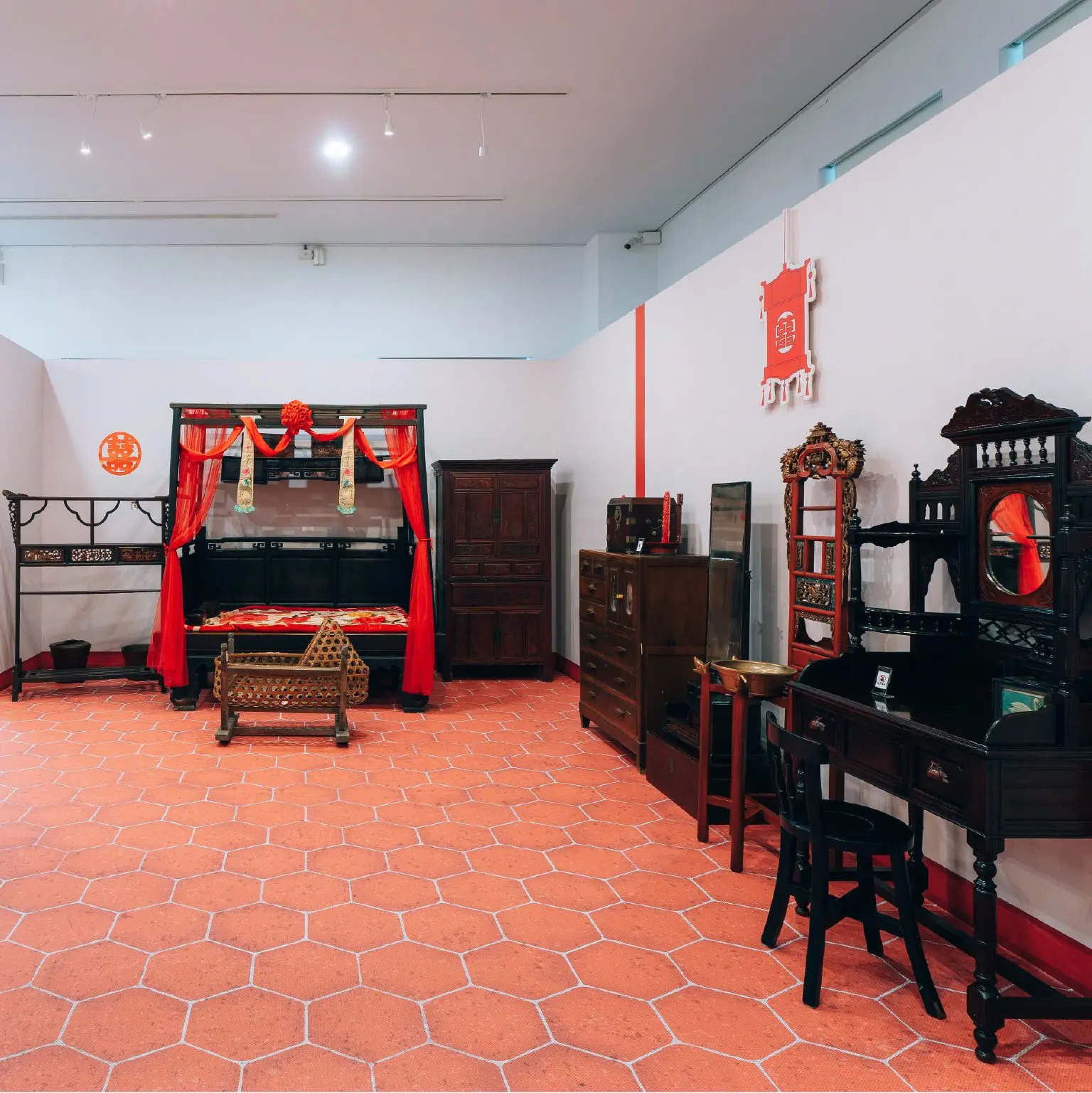 Actual dowry furniture on display, including wedding beds, wardrobes, and dressing tables from the Daxi woodcraft collection