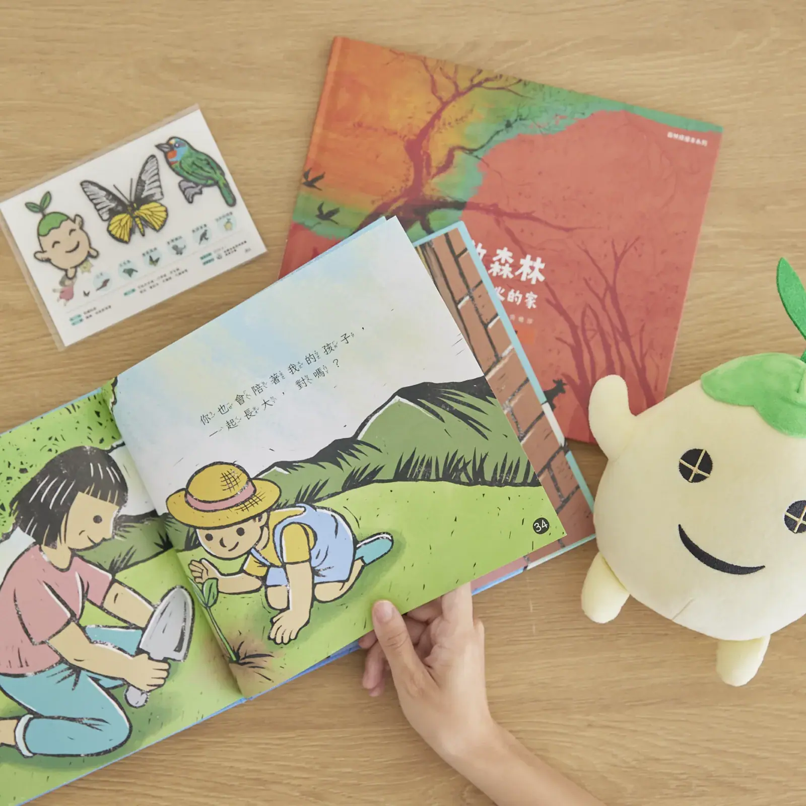 Forest Made forest picture book, sticker cards, and mascot plush merchandise photography