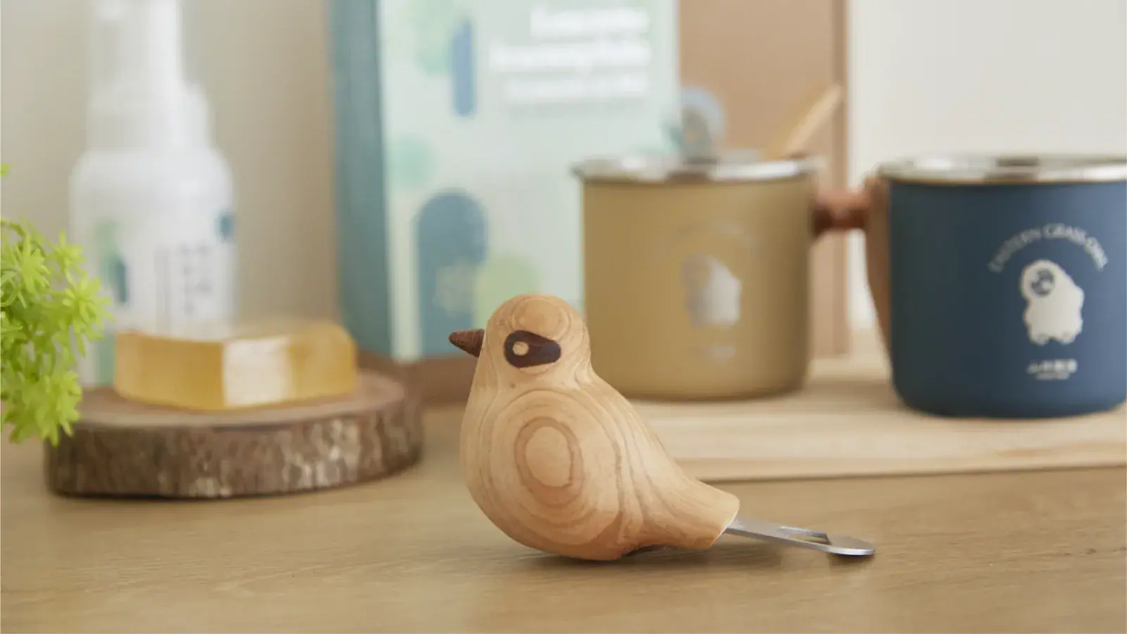 Forest Made wood-carved bird bottle opener and branded cup styled photography