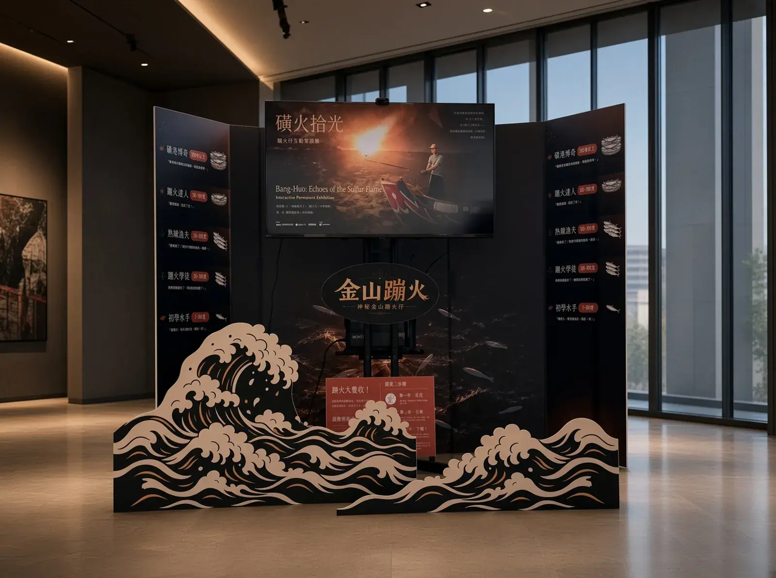 金山區漁會磺火拾光互動常設展 主展牆「金山蹦火」與影像螢幕、海浪造型立體展板|好心地文創