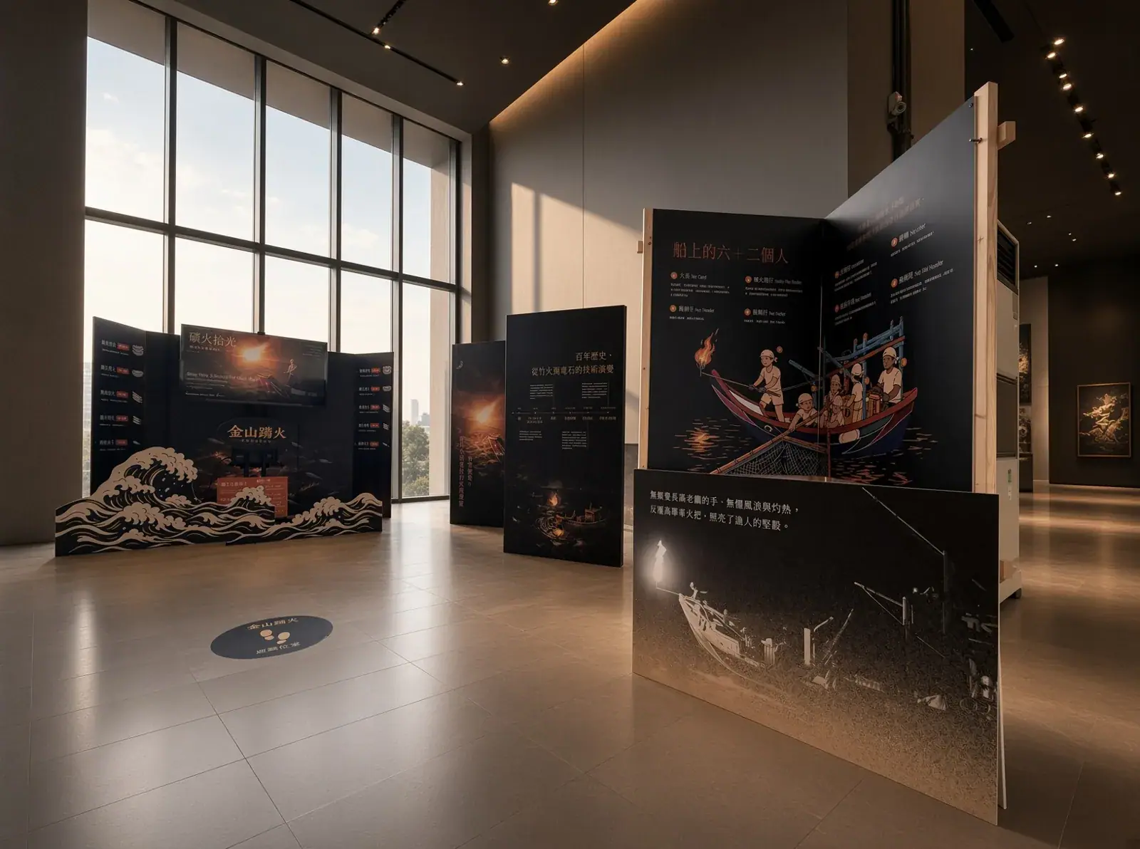 金山區漁會磺火拾光互動常設展 展場整體動線:主展牆、環形展板與地面漁火標誌|好心地文創