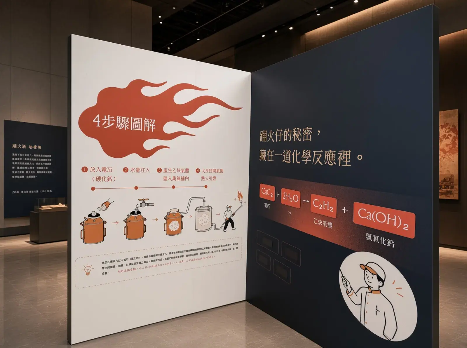 金山區漁會磺火拾光互動常設展 「蹦火仔的秘密」4步驟圖解展板,說明電石與水的化學反應|好心地文創