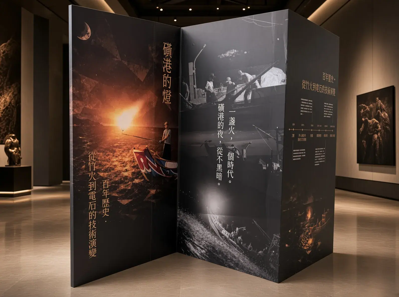 金山區漁會磺火拾光互動常設展 「磺港的燈」展板,黑白老照片與夜間磺火影像對照|好心地文創