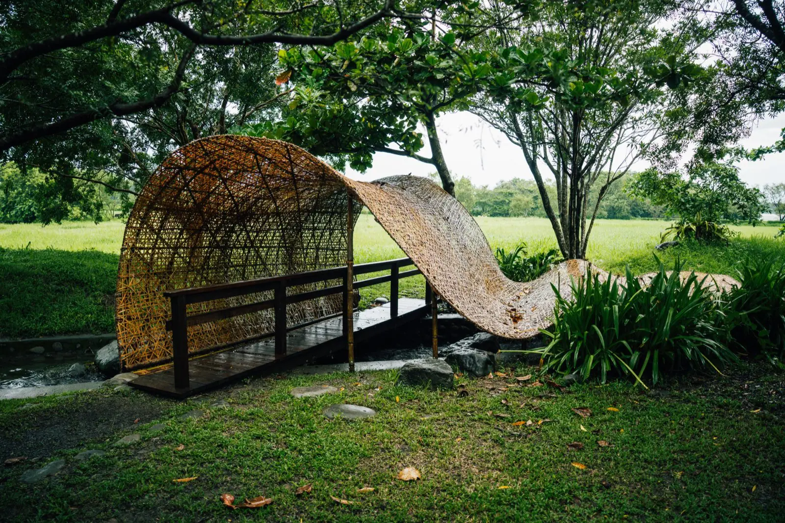 林後四林平地森林公園の竹構造アート作品の実景、水辺の遊歩道に設置