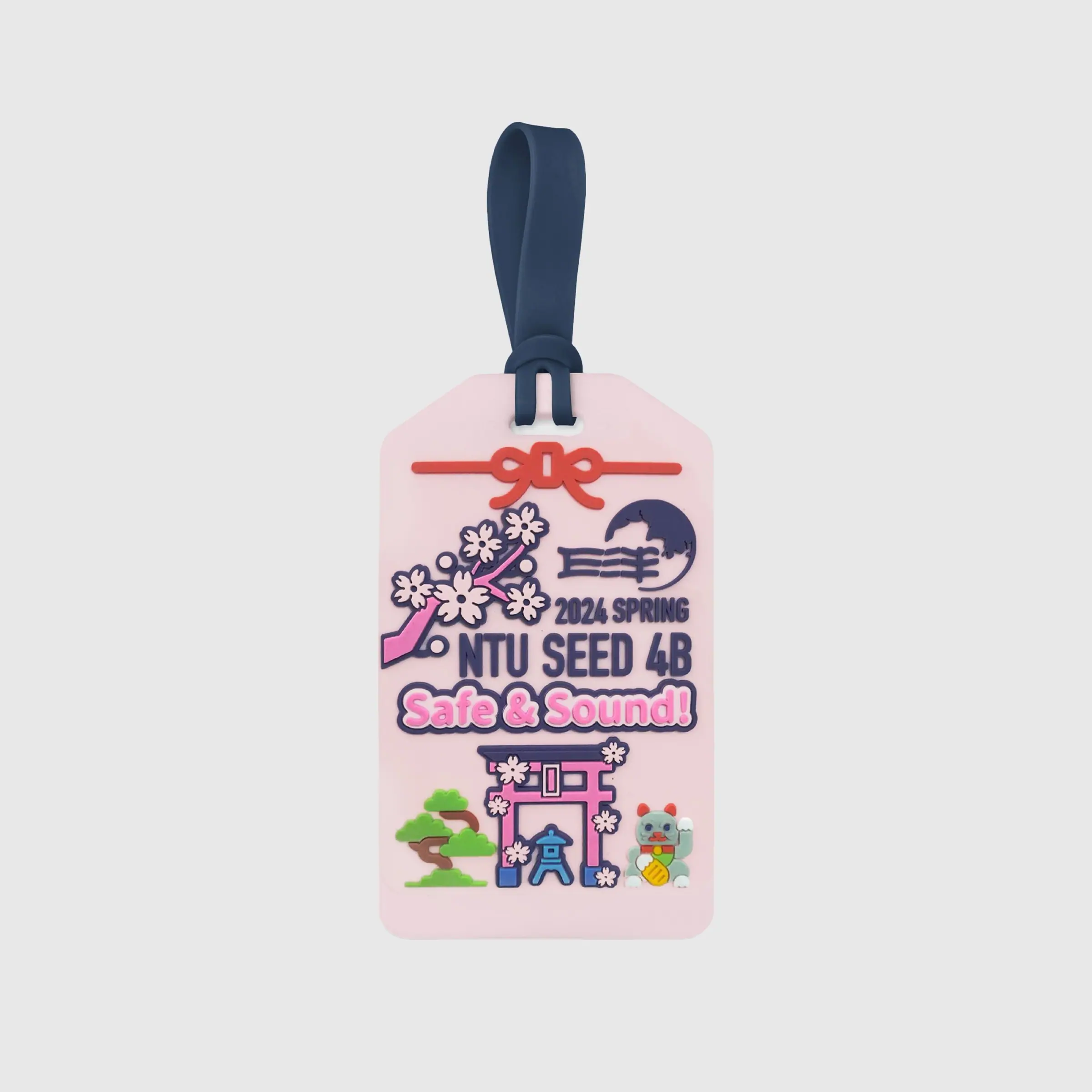 NTU E-Force graduation trip commemorative luggage tag design, combining torii gate and cherry blossom motifs