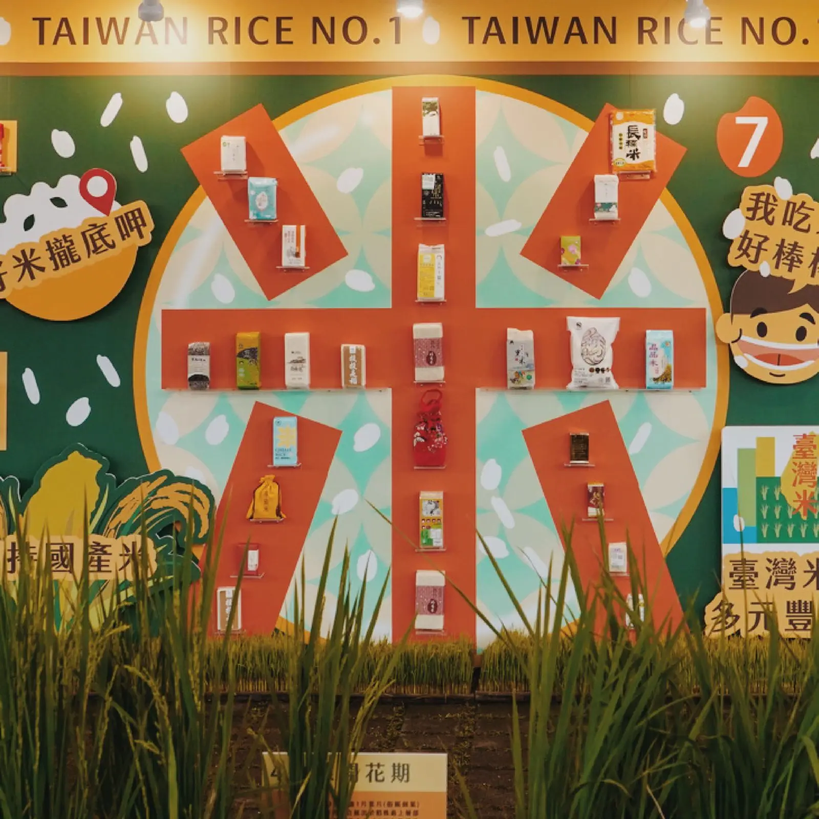 「台灣米No.1」牆面展示，各式包裝國產米商品陳列成米字造型