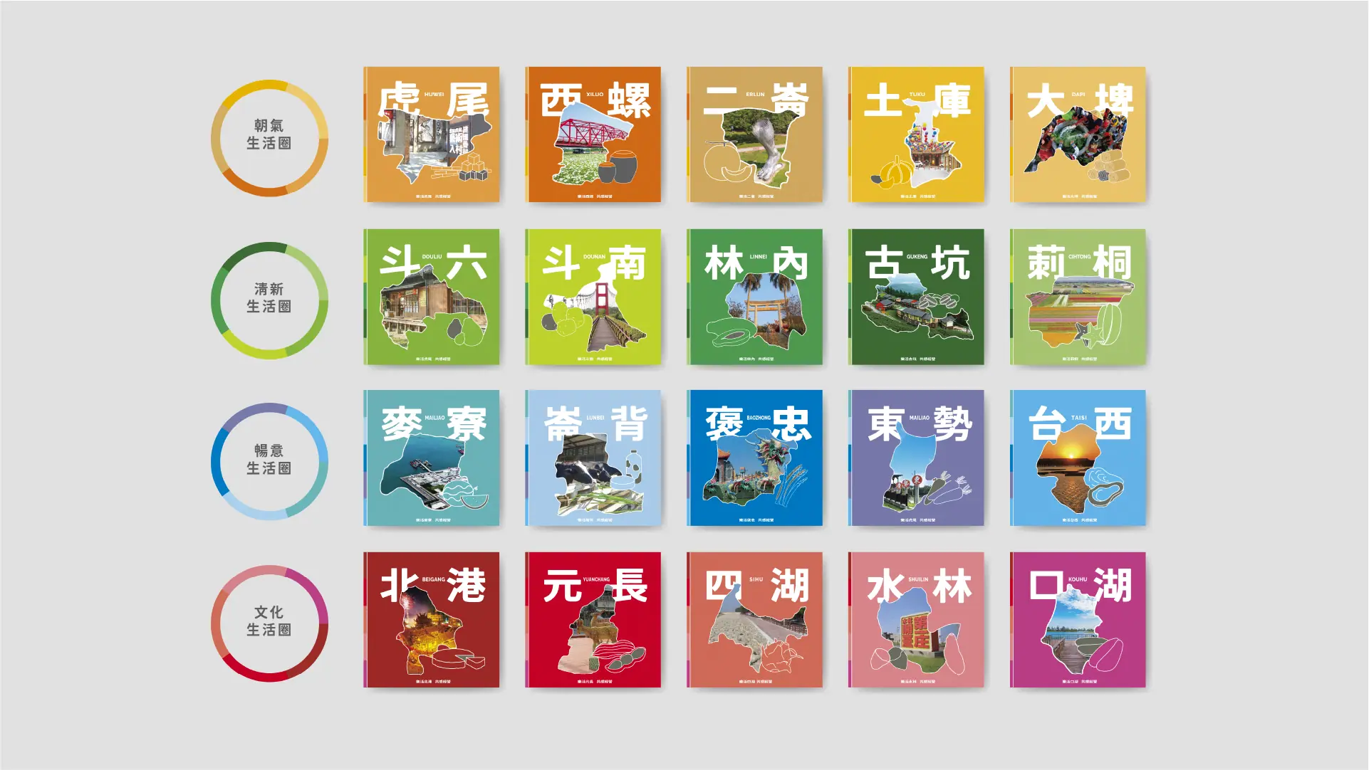 雲林縣20鄉鎮文宣封面總覽,依四大生活圈分色分區|好心地文創