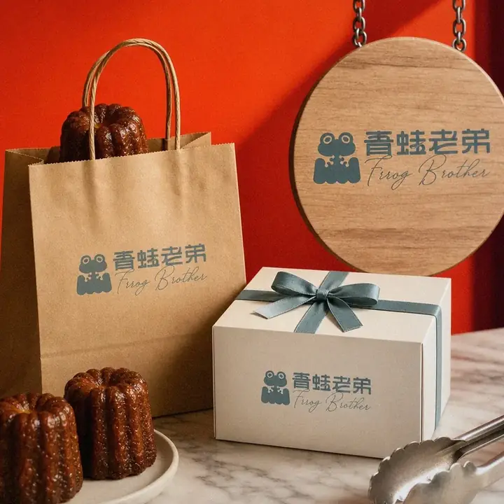青蛙老弟烘焙坊 可麗露品牌識別應用示意｜好心地文創
