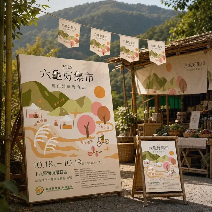 高雄市寶來人文協會 六龜好集市主視覺應用示意｜好心地文創