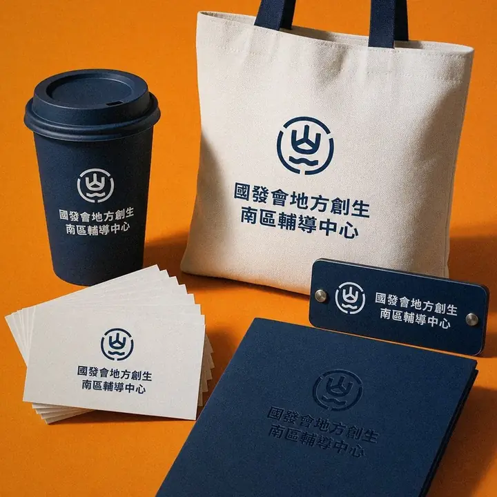 國發會地方創生南區輔導中心識別應用陳列：提袋、杯身、名片、手冊｜好心地文創