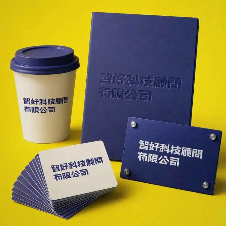 智好科技標準字應用陳列：名片、紙杯、筆記本、銅牌｜好心地文創